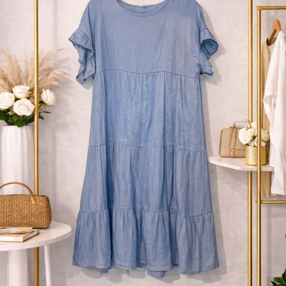 Light Blue Tiered Ruffle-Sleeve Midi Dress